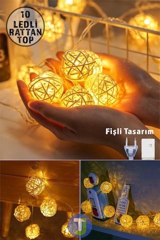 Technojet Dekoratif Rattan Model Fişli Şerit Top Led Yılbaşı Parti Doğum Günü Süsleme 10'lu