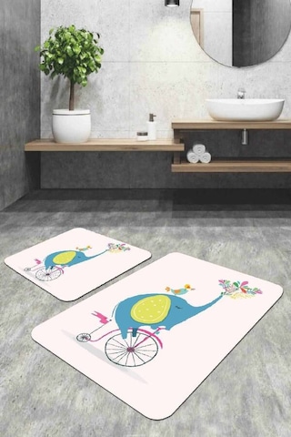 Pudra Fil Desenli Banyo Halısı Klozet 2'li Paspas Seti Bs320n11