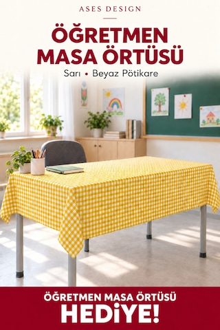 Sarı Beyaz 5'li Lastikli Sıra Örtüsü, 100x140 Cm Öğretmen Masa Örtüsü Hediye