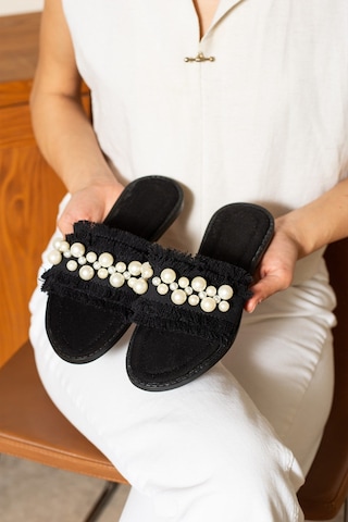 Dabab Shoes Mınoa Kadın İnci Detaylı Hasır Dokulu Düz Siyah Terlik