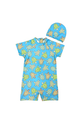 Lolliboomkids Çocuk Kısa Kol Hassas Ten Güneş Koruma Sevimli Kaplumbağa Tema Mayo Bone Takım Turtles