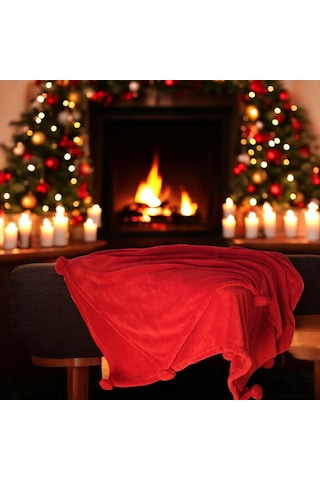 Ponponlu Battaniye 120 170 Kırmızı