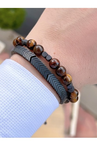 Nursaat Doğal Taş Özel Kombin Kaplan Gözü Ve Karlı Obsidyen Taşı Doğal Unisex Bileklik Blkt.ns06 2 Adet Çok Renkli