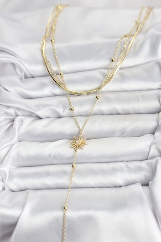 Pirinç Gold Renk Zirkon Taşlı Model Detaylı 3'lü Kombin Y Kadın Kolye - Tj-bko10700 Gümüş