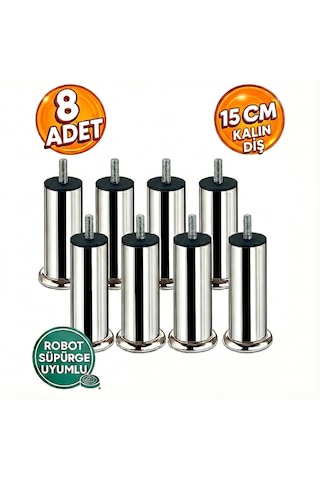 Baza Koltuk Kanepe Mobilya Ayağı Kalın Diş Metrik 3/8 Krom 15cm 8 Adet Vida Ölçüsüne Dikkat Metal Krom