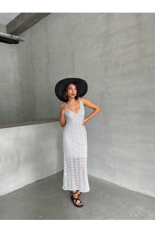 Kadın Askılı Ajurlu Yazlık Triko Elbise Gri