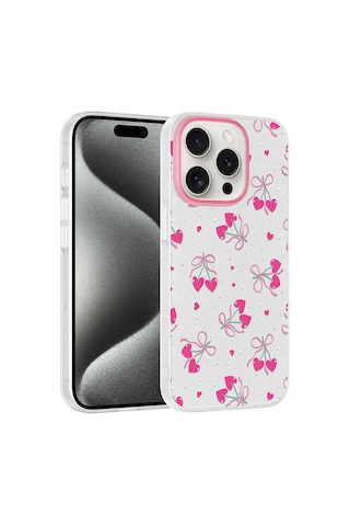 Apple iPhone Uyumlu 14 Pro Max Kılıf Kamera Korumalı Desenli Zore Klip Kapak - Kalpli Kiraz -