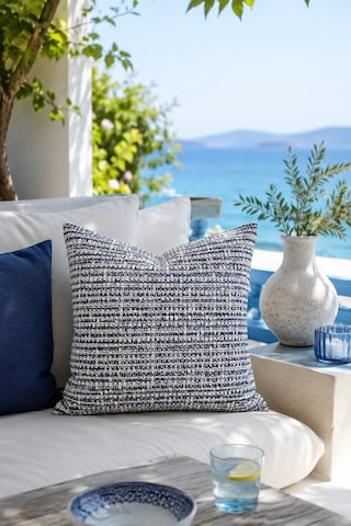 Fuly Consept Coastweave Aegean Dekoratif Kırlent Kılıfı Mavi Beyaz Dokuma Görünümlü Coastal & Akdeniz Stil Kırlent