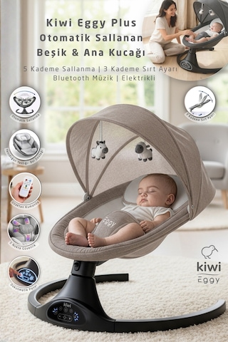 Kiwi Eggy Plus Elektrikli Otomatik Sallanan Bebek Ana Kucağı, 5 Farklı Sallanma Hızı, Oyuncaklı, Latte