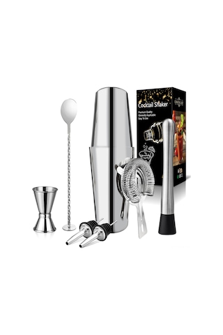 Vkemall 750ml Paslanmaz Çelik Kokteyl Shaker Seti - 7 Parça Profesyonel Araçlar: Bardağı, Kaşık, Buz Kırıcı, Ölçü, Pourer Ve Filtre