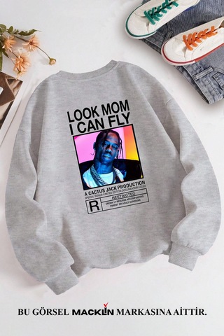 Macklin Unisex Kadın Erkek Travis Scott Cactus Jack Özel Tasarım Baskılı Bisiklet Yaka Sweatshirt Gri2 Mck1301 Gri