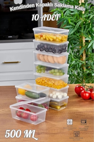10 Adet Kendinden Kapaklı Derin Dondurucuya Uygun Saklama Kabı, Düzenleyici ,yemek,kahve,çay500ml Diğer