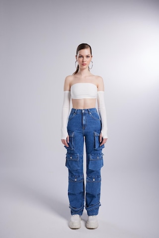 Holly Lolly Yüksek Bel Wide Leg Cargo Jean Pantolon Mavi