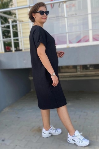 Mia Butik Büyük Beden Siyah Kolye Hediyeli Salaş Elbise Siyah
