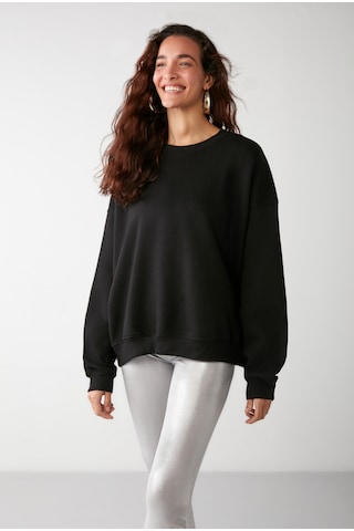 Grimelange Vaneltına İçi Polarlı 3 İplik Organik Pamuk Oversize Basic Bisiklet Yaka Kadın Sweatshirt - Siyah