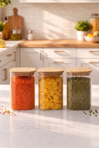 Porsima 6-3 Bambu Vakumlu Kapaklı Kare Borsilikat Cam 3lü Kavanoz Seti Saklama Kabı 1250ml 9,5x15cm Ahşap - Şeffaf