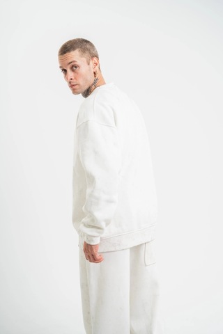 Novalisse Erkek 3 İplik Pamuklu Bisiklet Yaka Yıkamalı Sweatshirt - Beyaz Çoklu Renk