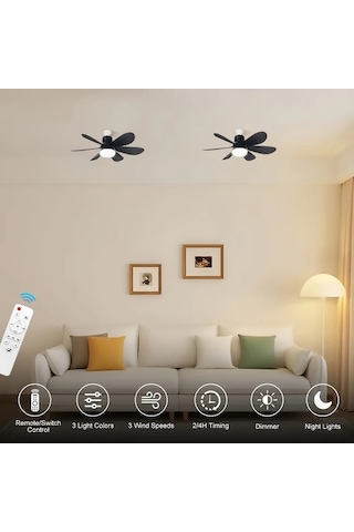 Xuweiwei 20.5 İnç Siyah Akıllı Led Tavan Fanı Işığı 52.07 41.91 Cm Uzaktan Kumandalı 3 Renk Sıcaklık Sessiz Çalışma Modern Tasarım E26 E27 Soket
