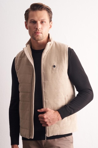 İmza Bej Dik Yaka Fermuarlı Casual Slim Fit Kapitone Yelek 1009255103 Koyu Bej