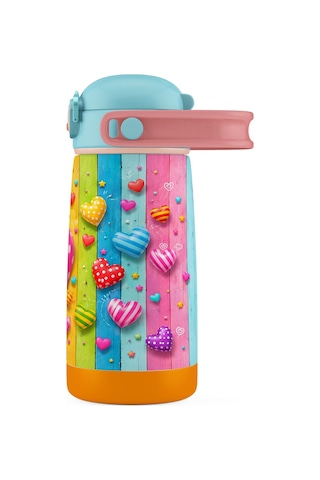 Puccon 420 Ml Paslanmaz Çelik Kız Çocuk Okul Termosu-matarası - 60015 - Pembe Kalp Desenli Pembe - Turkuaz