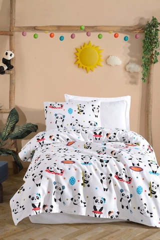 Baskılı Pike Takımı Tek Kişilik Lovepandas Beyaz Beyaz