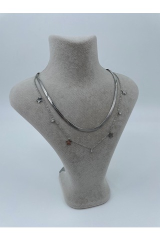 Xbaby İkili Yıldız Taşlı Çelik Gümüş Renk Kolye Gümüş