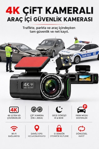 4k Ultra Hd Araç Kamerası Çift Lens Ön Arka Wi-fi Gps Park Modu Gece Görüşlü G-sensörlü Araç İçi Güvenlik Kamerası