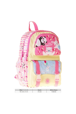 Kaukko Kids Dört Bölmeli Kız Çocuk Hello Baskılı Sarı - Pembe Okul Sırt Çantası - L5308 Çok Renkli