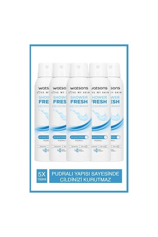 Watsons Shower Fresh Pudralı 24 Saat Etkili Kadın Sprey Deodorant 5 x 150 ML