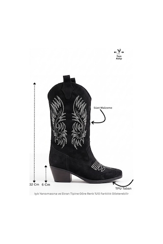 V.s.h Velvet Sara Kadın Western Basklılı Siyah Kovboy Çizme -2554