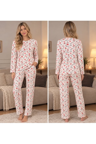 Lindros Kırmızı Kalp Ve Love Yazılı Fitilli Kaşkorse Pijama Takımı Ev Giyimi Bej - Ekru