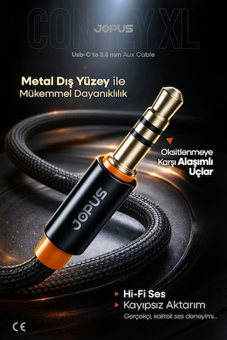 Jopus İphone Android Uyumlu - Type-c To 3.5mm Aux Ses Kablosu - Tak Çalıştır Aux Örgülü - 2 Metre Ja-12