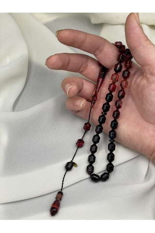 Ayhan Turan İmzalı El Boy Kapsül Kırmızı-siyah Sıkma Kehribar Tesbih 7x10 Mm