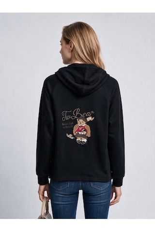 On Kadın Kapüşonlu Tam Fermuarlı Reglan Kol Cepli Sweatshirt Siyah