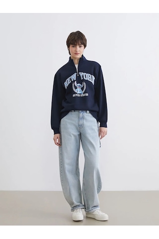 Lc Waikiki Lacivert Dik Yaka Stitch Baskılı Oversize Kadın Sweatshirt