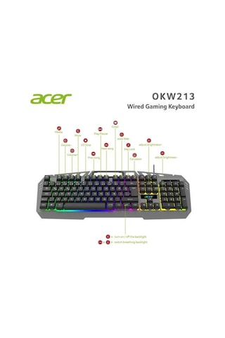 Acer Okw213 Gri Rgb Rainbow Backlit Gaming Keyboard Rainbow Kablo Uzunluğu 1,5mt