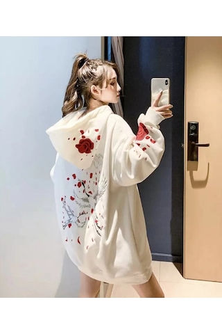 Tarzsokak Özel Tasarım Kapüşonlu Fermuarlı Red Rose Baskılı Süper Oversize Kadın Ceket-sweats Beyaz Beyaz