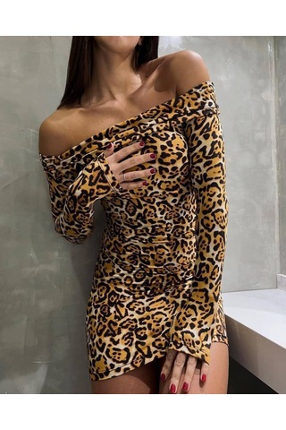 Nnstartshopping Kadın Madonna Mendil Yaka Leopar Desen Mini Elbise Leopar