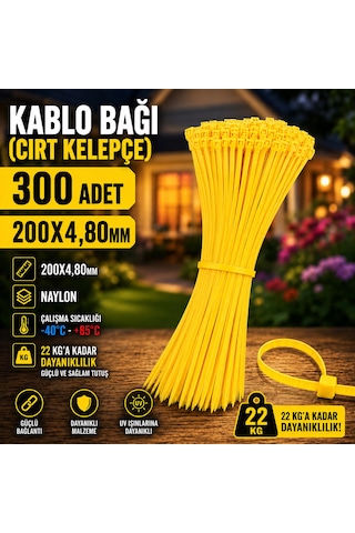 200x4,80mm Kablo Bağı Cırt Kelepçe Sarı 300 Adet