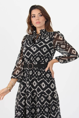 Neşeli Butik Kadıın Yeni Sezon Midi Boy Desenli Şifon Elbise Apcx06 Siyah