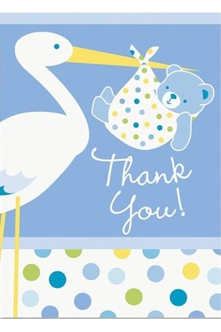 Mavi Renk Baby Stork Baby Shower Teşekkür Zarfı ve Not Seti 8 Adet