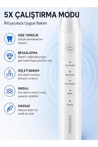 Şarjlı Diş Fırçası 15000 Vpm Titreşim Gücü, 500mah Batarya, 5 Temizlik Modu Beyaz