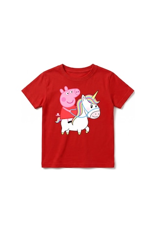 Urbantrendstore Peppa Pig Temalı Unisex Kız Çocuk Erkek Çocuk Bisiklet Yuvarlak Yaka Basic Kısa Kollu %100 Pamuk Tişört Kırmızı