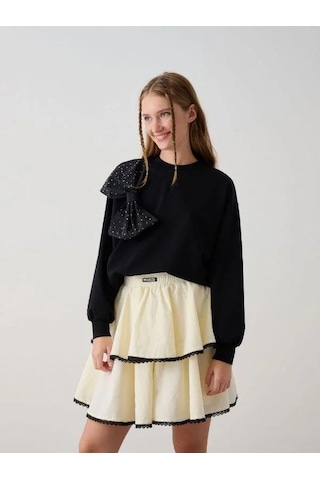 Kız Çocuk Taşlı Büyük Fiyonk Detaylı Sweatshirt-14782 Siyah