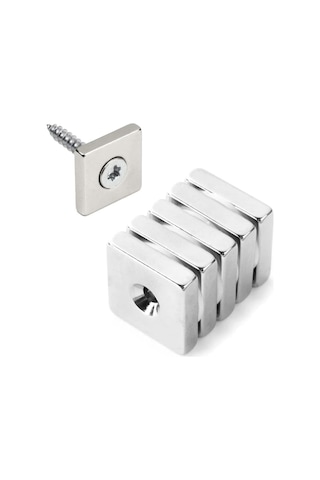 Dünya Magnet 5 Adet, Havşa Delikli, Neodyum Mıknatıs, 20x20x5 Mm, D:10/5 Mm, Köşeli, Güçlü Magnet, N35 Kalite