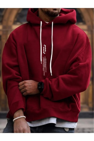 Startmore Kırmızı Unisex Kadın/erkek Dik Renkli Oversize Kapüşonlu