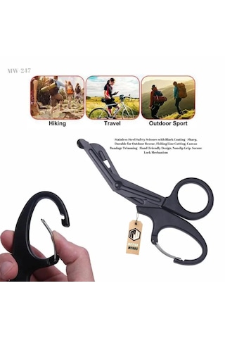 Taktik Süper Kesici Medikal Outdoor Askeri Av Tipi Karabinalı Makas Siyah Mw247