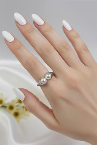 İncili Gümüş Renkli Ayarlanabilir Çelik Yüzük Gümüş