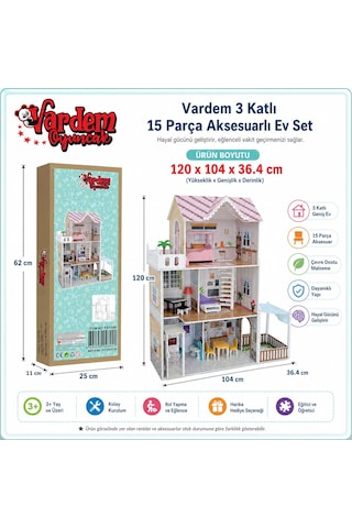 Vardem 3 Katlı 15 Parça Aksesuarlı Ev Seti, 120 X 104 X 36,4 Cm Büyük Oyun Evi, Mobilyalı Ve Aksesuarlı Çocuk Evcilik Oyuncak Seti, Bebek Evi Ve Rol Yapma Oyuncağı Tx1195 Abanoz - Beyaz