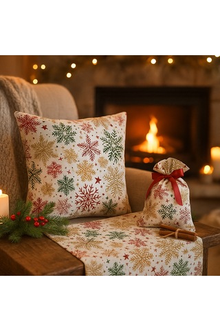 Yılbaşı Temalı Masa Runner + Kırlent Kılıfı + Hediye Kesesi Kombin Set Kar Tanesi Desenli Beyaz - Bej
